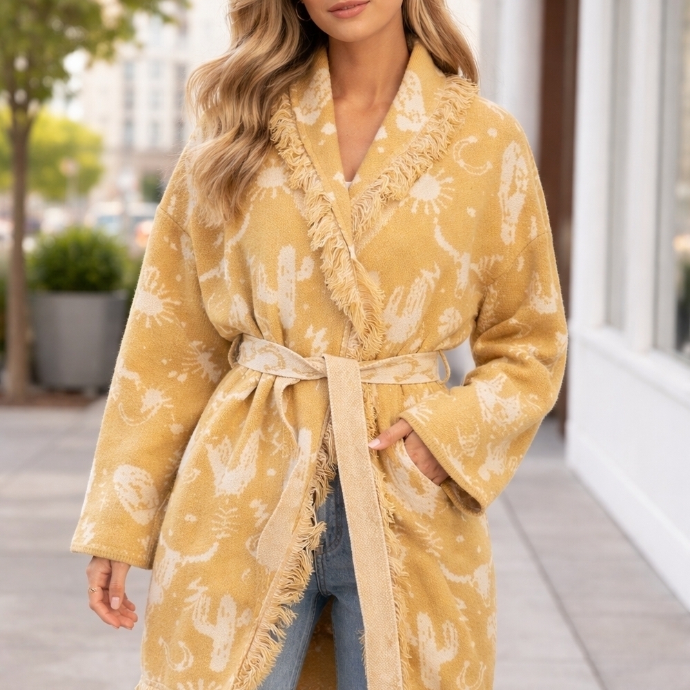Women's Cozy Yellow Western Patterned Cardigan New With Tag
